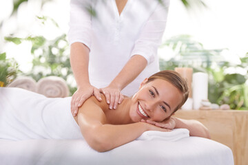 Poster - Smile, portrait and woman or hands with massage for relax, luxury treatment and happiness with towel. Person, face and masseuse for body care, pain relief and comfort with spa, wellness and skincare