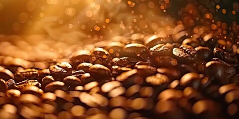 Wall Mural - Close-up of dark roasted coffee beans with sparkling golden light, creating a warm, inviting atmosphere.