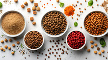 Pet Food And Natural Ingredients On White Background, Generative Ai