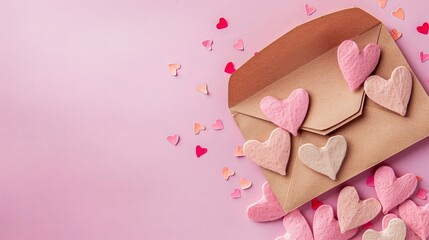 Wall Mural - love letter envelope with paper craft hearts - flat lay, concept: valentines day, copy space, 16:9