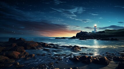 Wall Mural - Amazing starry night above shore with glowing lighthouse