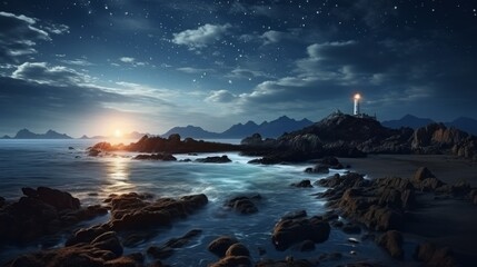 Wall Mural - Amazing starry night above shore with glowing lighthouse