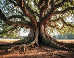 old tree with large trunk and big roots
