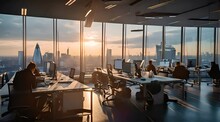 Work Office Space With Large Glass Windows, With Sunset Views