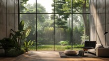 Of Interior Of Modern Home Wall With Tall Windows And Greenery Looking Out Into A Backyard With Trees,