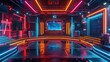 © sirisakboakaew - A modern TV studio or game show is lit up with neon lights and a futuristic design. Ready for the next live broadcast