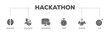 Hackathon icons process flow web banner illustration of brainstorm, development, programming, timing, speed, teamwork, and goal icon live stroke and easy to edit 