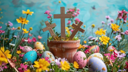 A lively DIY resurrection scene for Easter with a cross in a terracotta pot surrounded by spring flowers and colorful eggs.