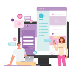 Wall Mural - web interactive illustration concept. office man and woman working on laptop to create website. busi