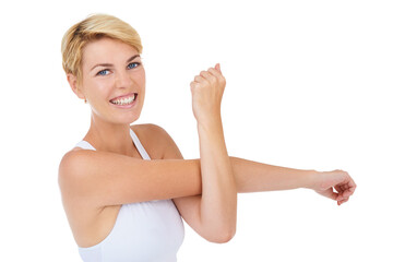 Woman, portrait and stretching for workout and exercise with health, wellness and warm up body on white background. Athlete start training, sport and ready for fitness in studio with muscle and smile