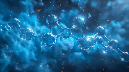 Water molecule magnified against a backdrop of a blue nebula hydrogen and oxygen bonding amidst cosmic clouds