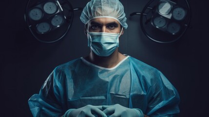 Aufkleber - Portrait of a focused, serious male surgeon performing surgery on a patient in the operating room of a hospital. Medicine, First Aid, Life Saving concepts.