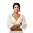 Front view mid body shot of an extremely beautiful Latin female model dressed as an Philosopher smiling with arms folded, isolated on a white transparent background