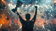© wasan - A champion holding a trophy high triumphant under the spotlight crowd cheering the pinnacle of achievement