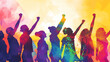 A group of women is reaching hands out for equality and justice against a bright background. Silhouette of women raising hands up on a vivid bright colorful background.