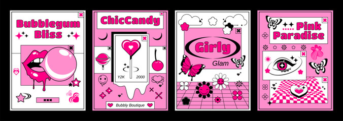 Poster - Pink girly poster design template in y2k style with groovy cute stickers and elements - female eye and lips with bubble gum ball, lollypops and heart, butterfly and flowers. Vector set banner layout.