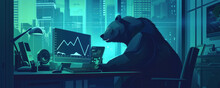 Bear Market Downturn A Bear Casting A Shadow Over A Computer Showing A Dropping Bitcoin Graph In A Dim High Tech Office