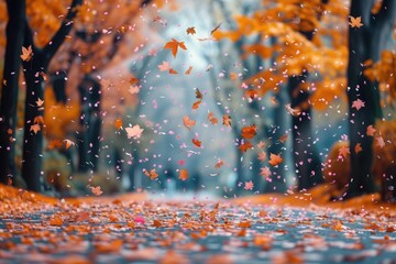 Wall Mural - petal flowers confetti falling from a bright blue sky on an autumn or spring professional photography