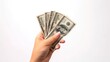 © CrazyJuke - Woman's hand holds dollars on white background, Ai Generated.