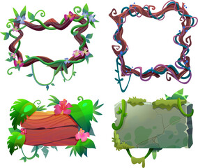 Poster - jungle frame and border plate cartoon game ui design collection with green lush liana vines and dry 