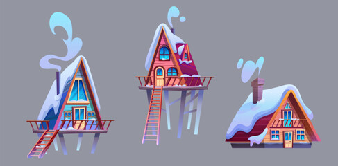 Wooden cabin with porch on pillars, roof covered with snow and chimney with smoke. Cartoon vector set of small triangular wood house for mountain or forest resort and camping. Cozy snowy chalet.