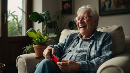 Senior Grandfather Having fun and laughing with games and technology. Generative AI.