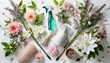 wallpaper An array of spring cleaning supplies with a fresh, natural floral motif arranged neatly on a white background An array of spring cleaning supplies with a fresh, natur