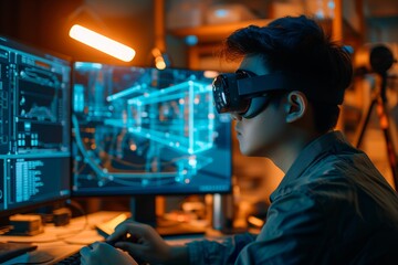 engineer man wearing Virtual Reality (VR) glasses to monitor automatic machine system software in smart factory.