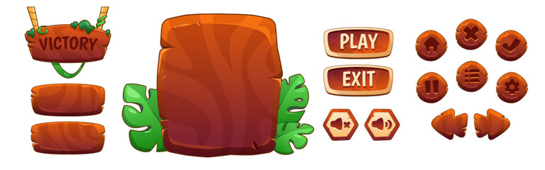 Poster - Tropical adventure game buttons set isolated on white background. Vector cartoon illustration of play, exit, sound, home, menu buttons, stone victory board on rope, exotic monstera leaves decoration