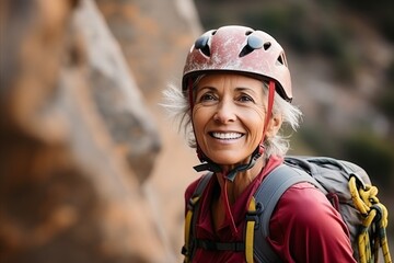 Poster - Mature woman climber in helmet on the background of the rock