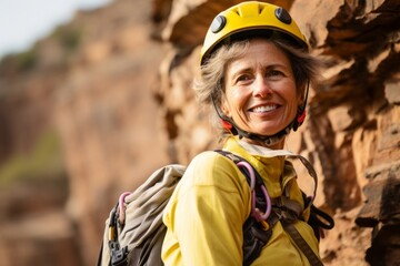 Poster - Portrait of smiling senior woman climber in helmet and yellow jacket