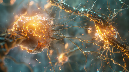 Poster - Nano Ai Robots working with neurons to enhance the brain and nervous system performance, futuristic Artificial Intelligence biotechnology for brain research and development  