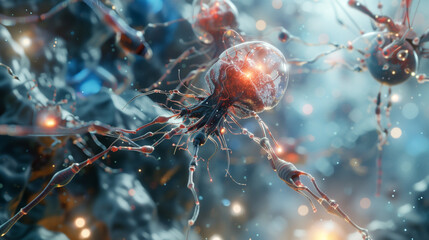 Poster - Nano Ai Robots working with neurons to enhance the brain and nervous system performance, futuristic Artificial Intelligence biotechnology for brain research and development  