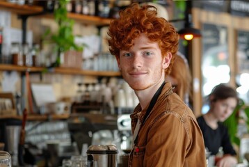 Wall Mural - Cheerful young red haired man cashier is working in cafe good light