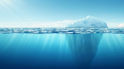 Top and underwater view of a huge beautiful iceberg in blue icy water