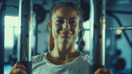 Wall Mural - A woman is smiling while holding a bar in a gym