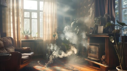 Wall Mural - Smoke and fire inside the house. Burning room. Interior and furniture in flames. 