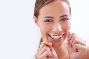 Canvas Print - Woman, teeth and floss in portrait for dental hygiene with closeup, morning and cleaning mouth for dentistry. Female person, tooth care and routine for healthy, face and fresh smile for beauty