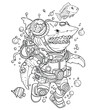 Steampunk Shark Adventure: Illustration for Coloring Book Featuring Underwater Wetsuit