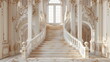 ornate staircase at luxury Victorian villa, daylight, architecture, white interior, realistic