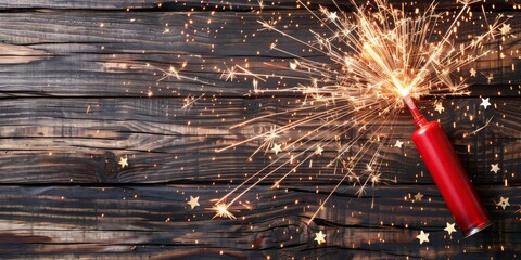 Poster - A Festive Sparkler Ignites a Shower of Light Against a Rustic Wooden Backdrop, , Generative AI
