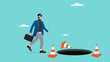 businessman walking while using AR & VR technology headset do not observe any big hole on the road, dangers or negative impacts of advances in augmented and virtual reality technology illustration