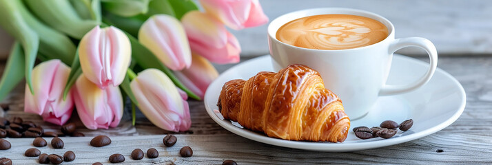 breakfast coffee , one croissant and tulips. AI generative.