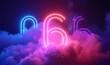 © The Picture House - 3d render, neon linear number six and colorful cloud glowing with pink blue neon light, abstract fantasy background, Generative AI