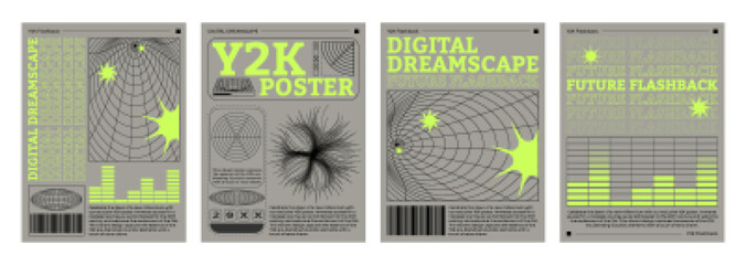 Poster - set of retro futuristic vibe flyers. vector realistic illustration of y2k aesthetic posters with yel