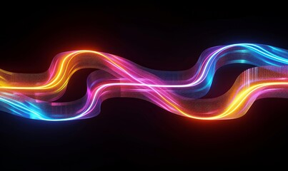 Wall Mural - 3d render, abstract geometric wallpaper of colorful wavy neon ribbon, yellow red blue glowing lines isolated on black background, Generative AI