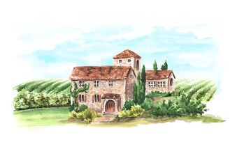 Wall Mural - Landscape with vineyard and Tuscan Chateau. Hand drawn watercolor illustration  isolated on white background