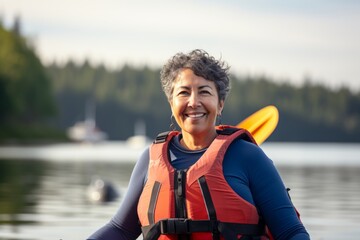 Sticker - Portrait of happy senior woman on kayak at lake in summer