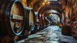 cellar with barrels for storage of wine. Created with Generative AI.