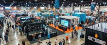 Bustling high-tech convention center with innovative exhibits